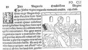 Isotta Nogarola Jacobus Philippus de Bergamo De claris mulieribus (Ferrara, 1497, Laurentius de Rubeis) című művében (OSZK Régi Nyomtatványok Tára, Inc. 159)