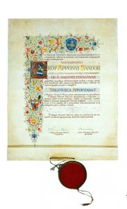 A Nemzeti Múzeum Akantisz Viktor által készített festett pergamen köszönőlevele Apponyi Sándor számára (OSZK Régi Nyomtatványok Tára)