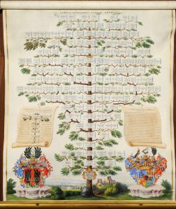 Az Apponyi Sándor által készíttetett Apponyi-családfa. Kézzel festett pergamen 19. század vége–20. század eleje (OSZK Régi Nyomtatványok Tára)